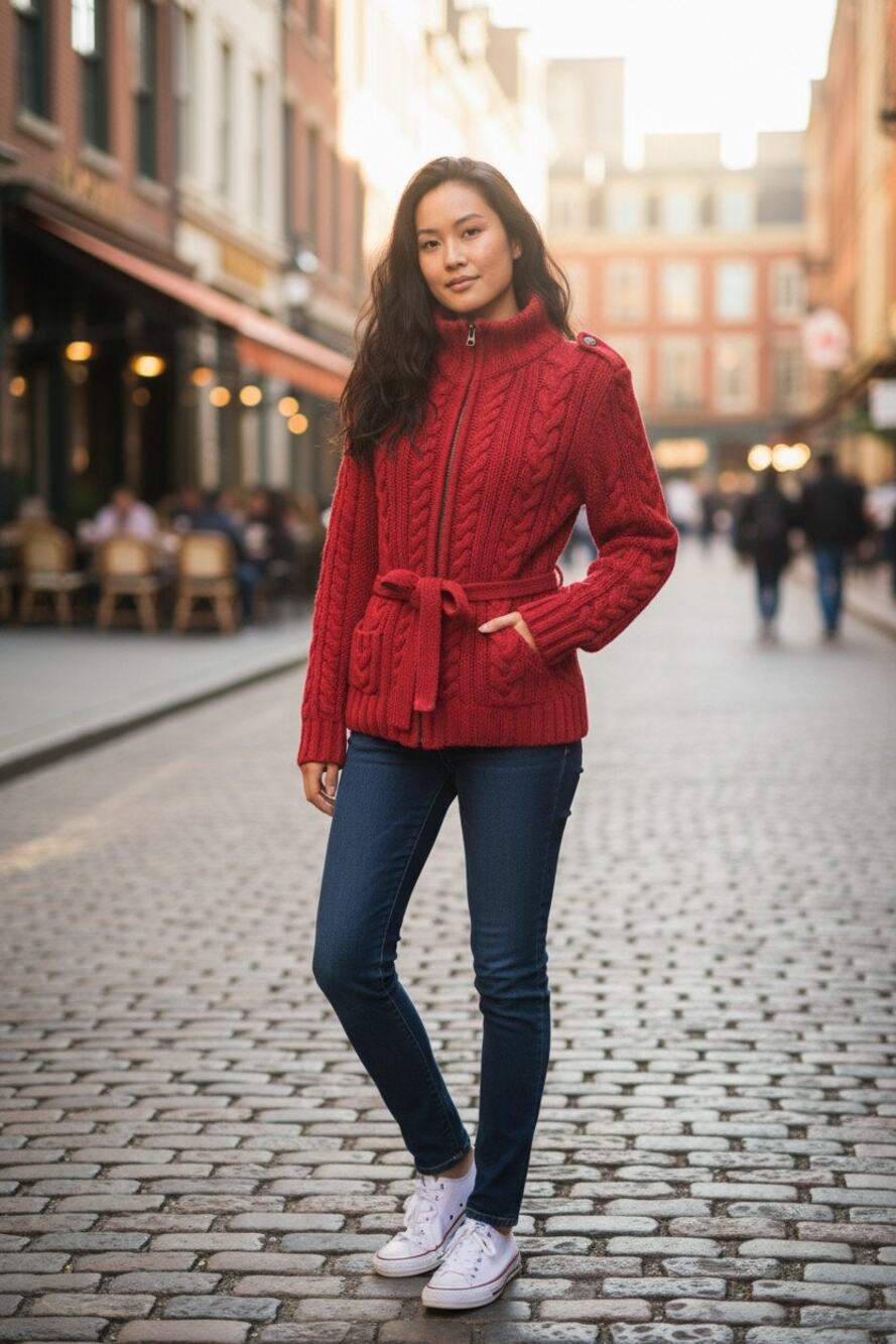 GAP Red Cable Knit Zip Cardigan Womens Medium Angora Blend Belted Sweater